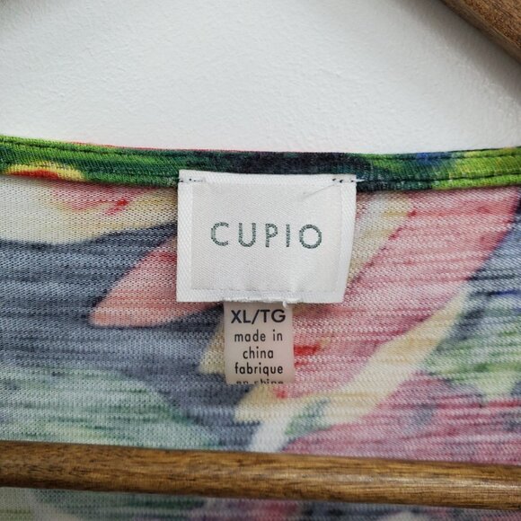 Cupio Multicolor Floral Print Short Sleeve Top XL Stretch Asymmetrical Hem - Picture 9 of 13